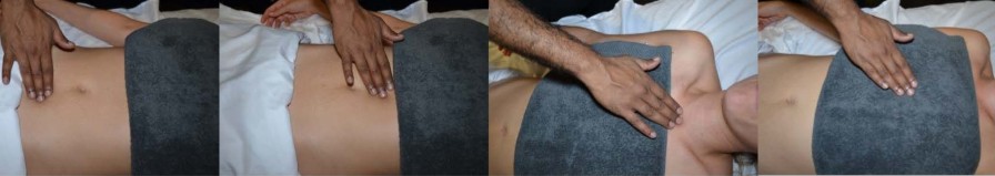 Succession de poses de mains sur le ventre puis la poitrine, drapé, illustrant le travail des grands marmas