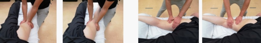 Succession de gestes : les mains du praticien pétrissent et travaillent la face latérale de la cuisse, drapée